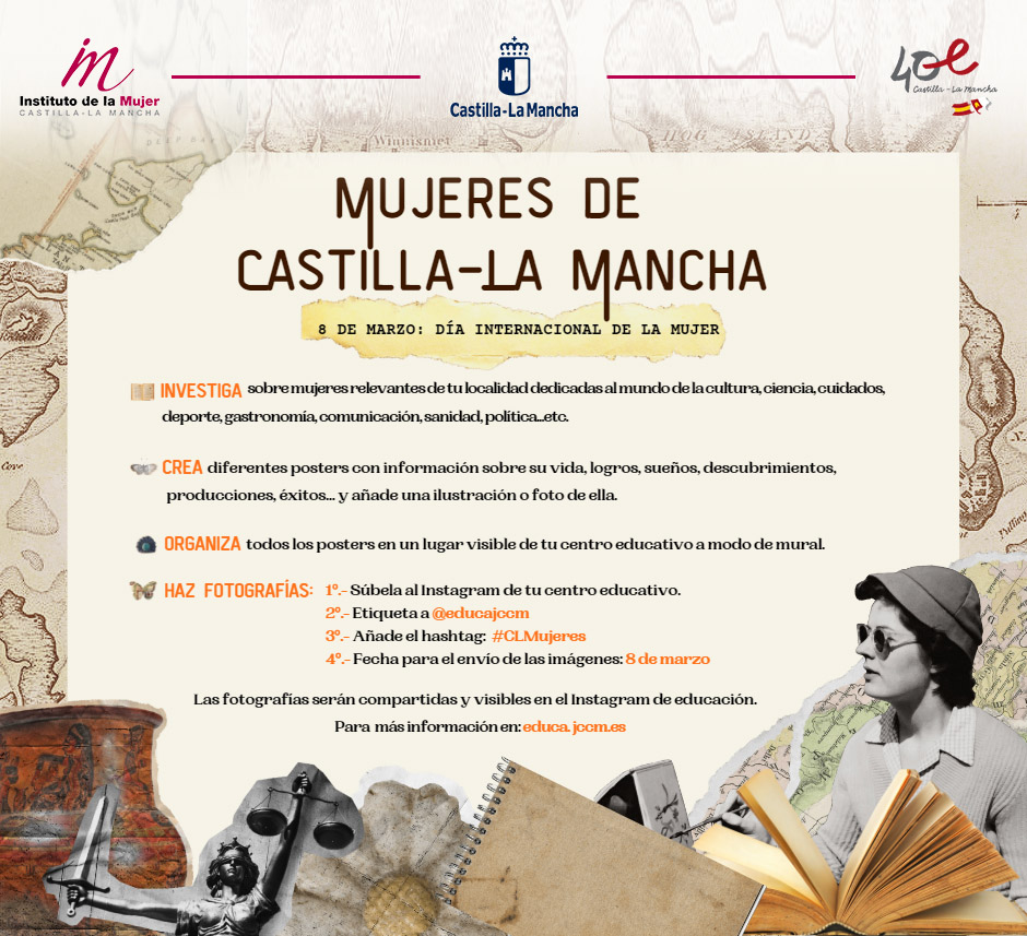 educajccm's tweet photo. ℹ️8 de marzo, #DíaInternacionaldelaMujer 2023: "Mujeres de Castilla-La Mancha" #CLMujeres 

¡Participa! Investiga📸Haz una fotografía y:

✔ Súbela al Instagram de tu centro educativo.
✔ Etiqueta @educajccm 
✔ Añade #CLMujeres
✔ Hasta el #8M 

➕ https://t.co/8gIhbczlbY https://t.co/3SoeJbrcS2