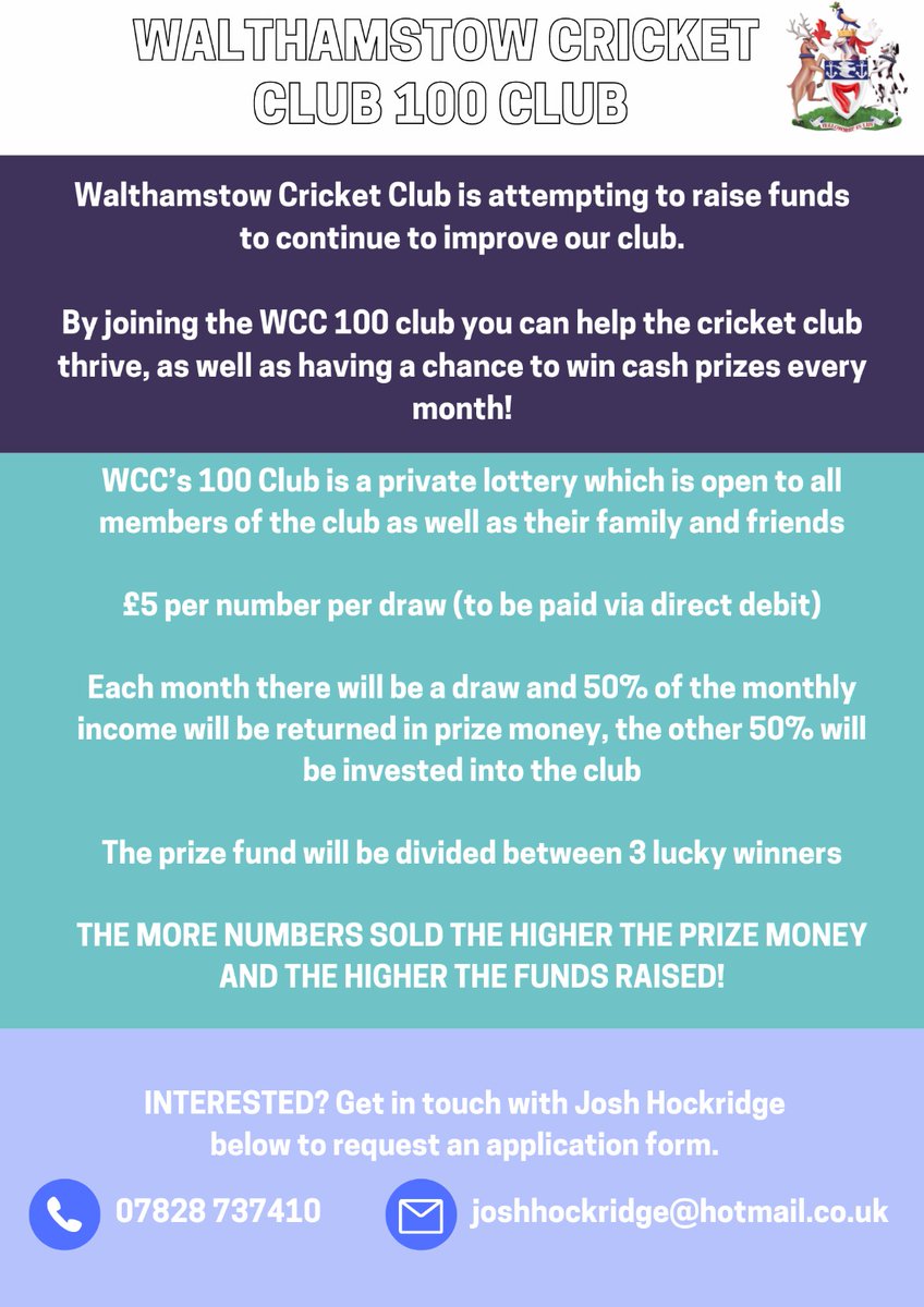 Walthamstow club are attempting to improve our fundraising, as part of this push we've set up a 100 club, with winners selected by a monthly draw. If you're interested please fill in the form below: forms.gle/Y9DeM2NmCLKpcG…