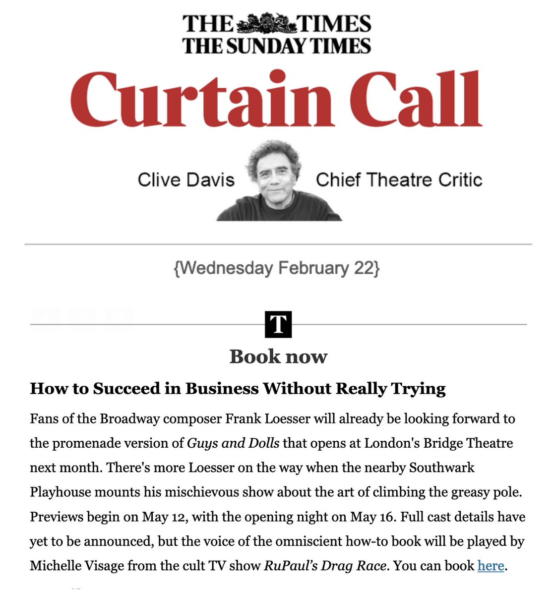 BOOM! 💥 KWPR client 'How to Succeed in Business Without Really Trying' @SucceedLDN at <a href="/swkplay/">Southwark Playhouse</a> featuring the voice of @michellevisage as The Book is the BOOK NOW Pick of the Week from The Times Chief Theatre Critic <a href="/CliveDavisUK/">Clive Davis</a> in his weekly Curtain Call newsletter