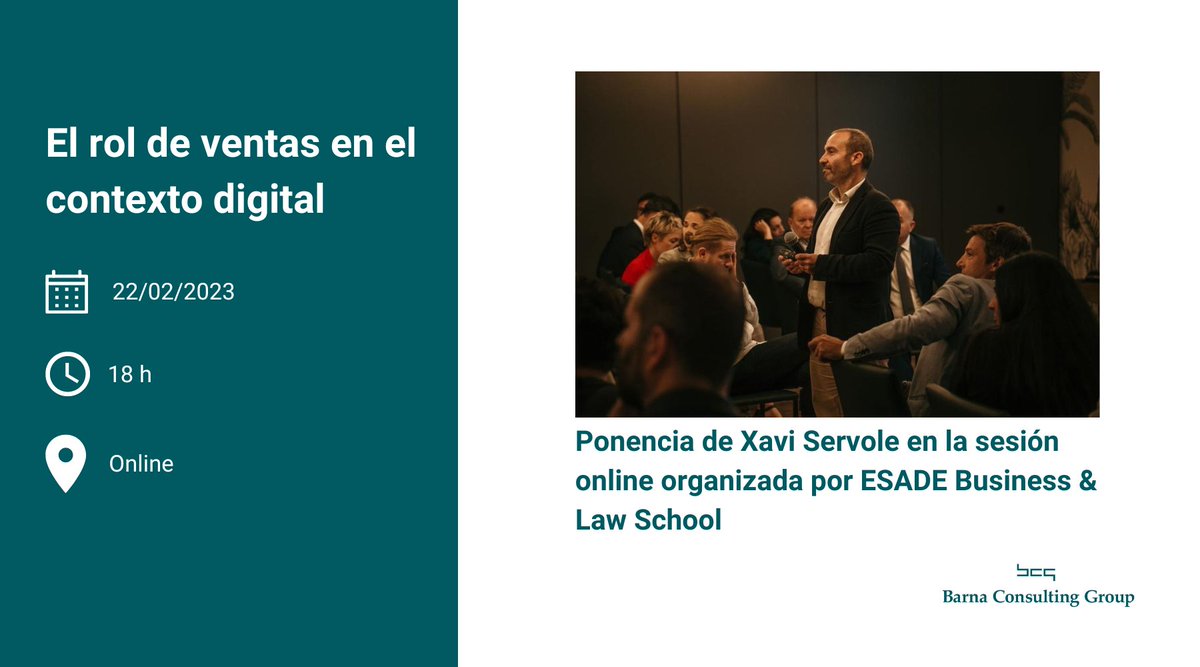 BarnaConsulting's tweet photo. El vendedor no va a morir a causa de la tecnología, pero tendrá que adaptarse y aportar más valor al cliente.

🗓️ ¿Cómo hacerlo? @XaviServole responderá a esta pregunta en el webinar de hoy en Esade BUSINESS &amp; LAW SCHOOL.

Te esperamos.

https://t.co/ibaenpV4FC

#VendedorHíbrido https://t.co/DhEnILU23H