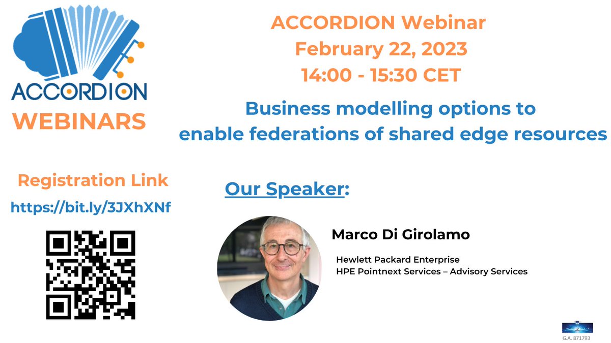 accordion_h2020's tweet image. 🔔Don&apos;t miss our webinar today at 14:00. 
Marco Di Girolamo will present ideas for a suitable business model to apply at federations of shared edge resources. Link to register:
bit.ly/3JXhXNf