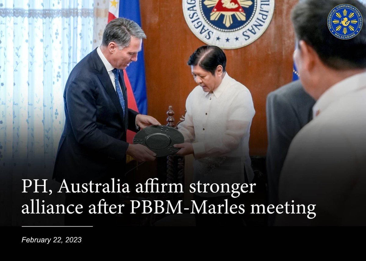 pcogovph's tweet photo. President Ferdinand R. Marcos Jr. on Wednesday welcomed the visit of Australia’s Deputy Prime Minister and Minister of Defense Richard Marles to the Philippines, noting it would bolster a stronger alliance with its Indo-Pacific neighbor.

READ: https://t.co/CCNHbMtodT https://t.co/pjKcJYgFGO