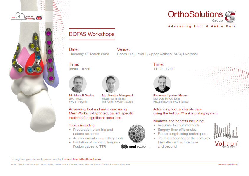 Ortho Solutions (@ortho_solutions) on Twitter photo <a href="/Ortho_Solutions/">Ortho Solutions</a> are again proud sponsors of the British Orthopaedic Foot & Ankle Society Annual Meeting in Liverpool 8th to 10th March 2023.
Please visit us at our stand G4.
Our <a href="/BOFAS_UK/">BOFAS</a> workshops feature some distinguished faculty <a href="/MarkBDavies/">Mark Davies</a>, <a href="/JitMangwani/">Jit Mangwani</a> & <a href="/Drlyndonmason/">Lyndon Mason</a> <a href="/Ortho_Solutions/">Ortho Solutions</a> are again proud sponsors of the British Orthopaedic Foot & Ankle Society Annual Meeting in Liverpool 8th to 10th March 2023.
Please visit us at our stand G4.
Our <a href="/BOFAS_UK/">BOFAS</a> workshops feature some distinguished faculty <a href="/MarkBDavies/">Mark Davies</a>, <a href="/JitMangwani/">Jit Mangwani</a> & <a href="/Drlyndonmason/">Lyndon Mason</a>