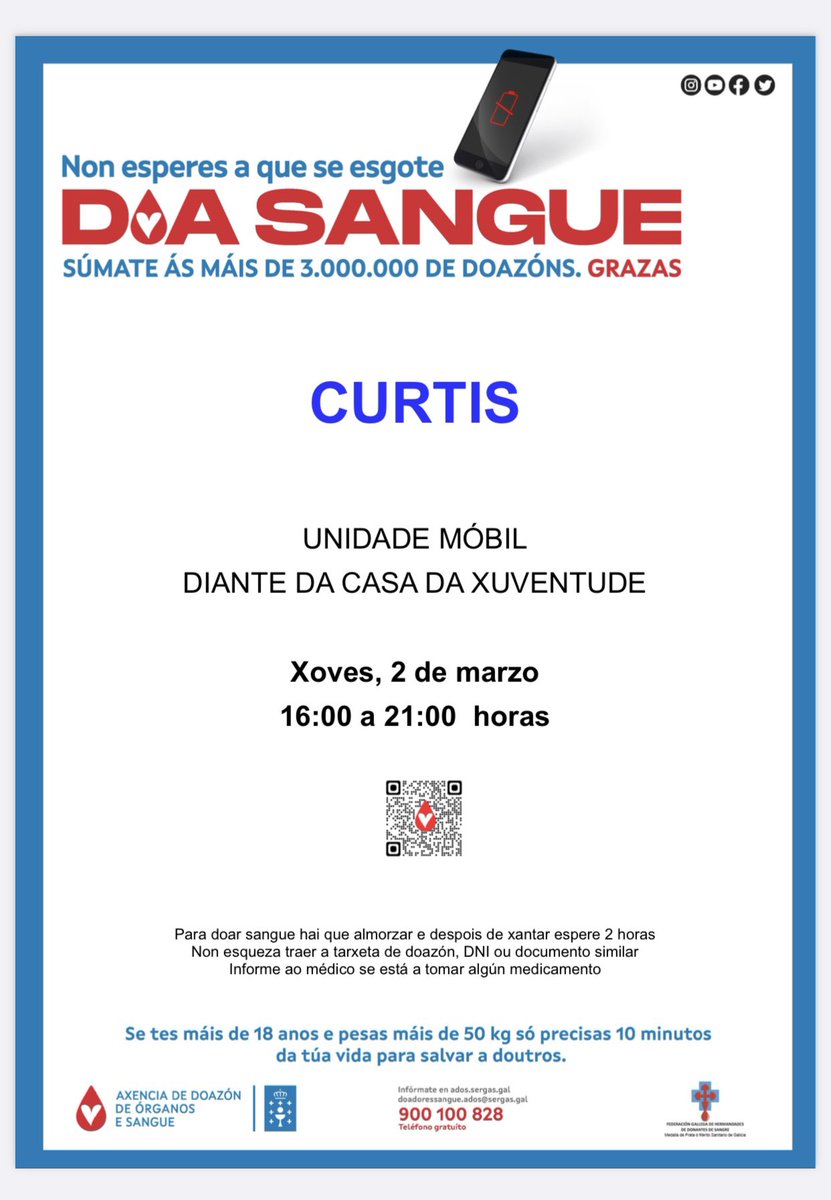 ConcelloCurtis's tweet photo. 📣Xoves 2 de marzo de 16:00 a 21:00h unidade móbil doazón de sangue diante da casa da xuventude en Curtis! 

#concellodecurtis #doasangue https://t.co/msazkMS1c0