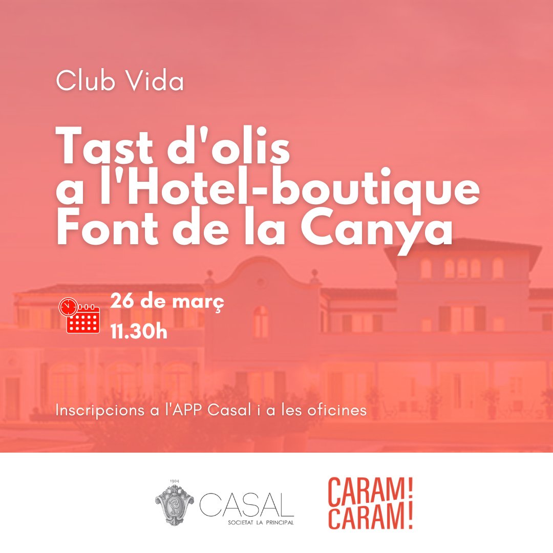 🌟CLUB VIDA

Us agrada sucar pa als bons olis d'oliva? No us perdeu aquesta experiència amb les amigues de <a href="/CARAMCARAMMM/">CARAM CARAM</a>!

 🫒Tast d'olis en un espai únic
📆26/03
🕒11.30h
📍 Hotel Font de la Canya <a href="/calblay/">Cal Blay</a> (Avinyonet) 

✍🏻Inscripcions a l'APP Casal i a les nostres oficines