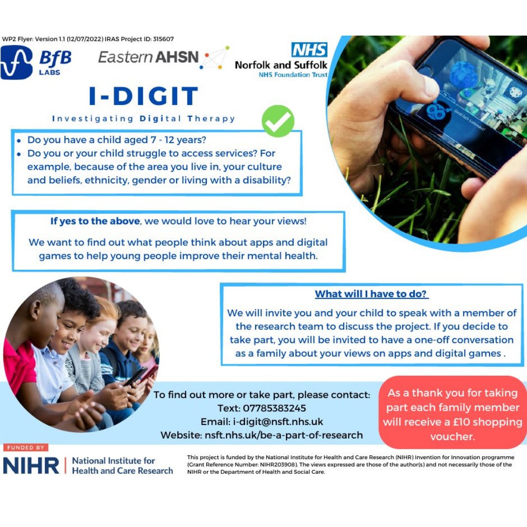 Do you have a child aged 7-12? Do you want to play an important part in MH research? Find out more by emailing I-digit@nsft.nhs.uk or text 07785 383245 to start the conversation
@NSFTtweets @FISnorfolk @SchoolCic @SaferSchoolsNfk @NIHRCRNeoe
 #mentalhealth #Norfolk