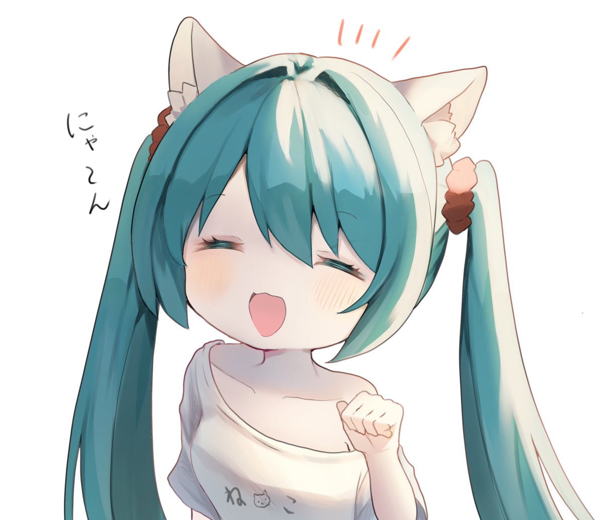 hatsune miku 1girl animal ears solo cat ears long hair twintails shirt  illustration images