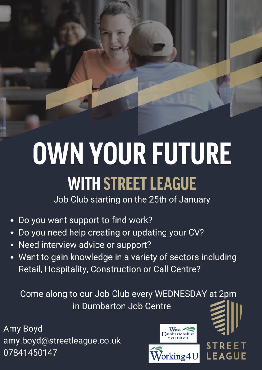 ‼️JOB CLUB TODAY ‼️
 
We are in Dumbarton Job Club every Wednesday from 2pm 
- CV Support 
- Interview Prep 
- Job Matching 
- Job and college application support 

#OwnYourFuture #Opportunity #JobClub #NOLB #Dumbarton