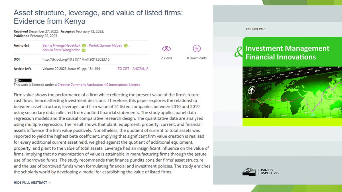 AYUMIdesuganani's tweet image. RT @imfi_journal: 🔗 lnkd.in/d9zZSShD
📝 Asset structure, leverage, and value of listed firms: Evidence from Kenya
👥 Barine Nkonge Habakkuk , Kariuki Samuel Nduati , Kariuki Peter Wang’ombe 
#assetstructure, #corporategovernance, #firmvalue, #l…