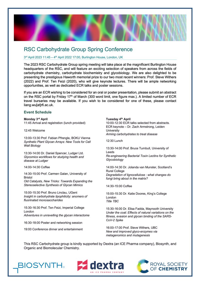 Planning to overdose on sugar this Easter?  Why not also add carbohydrate chemistry and biology? (sorry 😑) The RSC Carbohydrate Symposium is being held in London 3-4th April. Keynotes from Haworth medallists Steve <a href="/withlabb/">WithLab</a> and Ten Feizi. Reg opens v soon. Spread the word!
