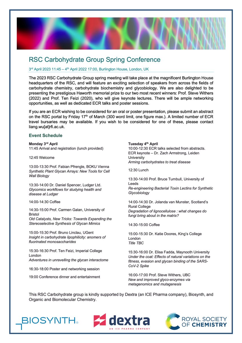 Planning to overdose on sugar this Easter? Why not also add carbohydrate chemistry and biology? (sorry 😑) The RSC Carbohydrate Symposium is being held in London 3-4th April. Keynotes from Haworth medallists Steve @withlabb and Ten Feizi. Reg opens v soon. Spread the word!