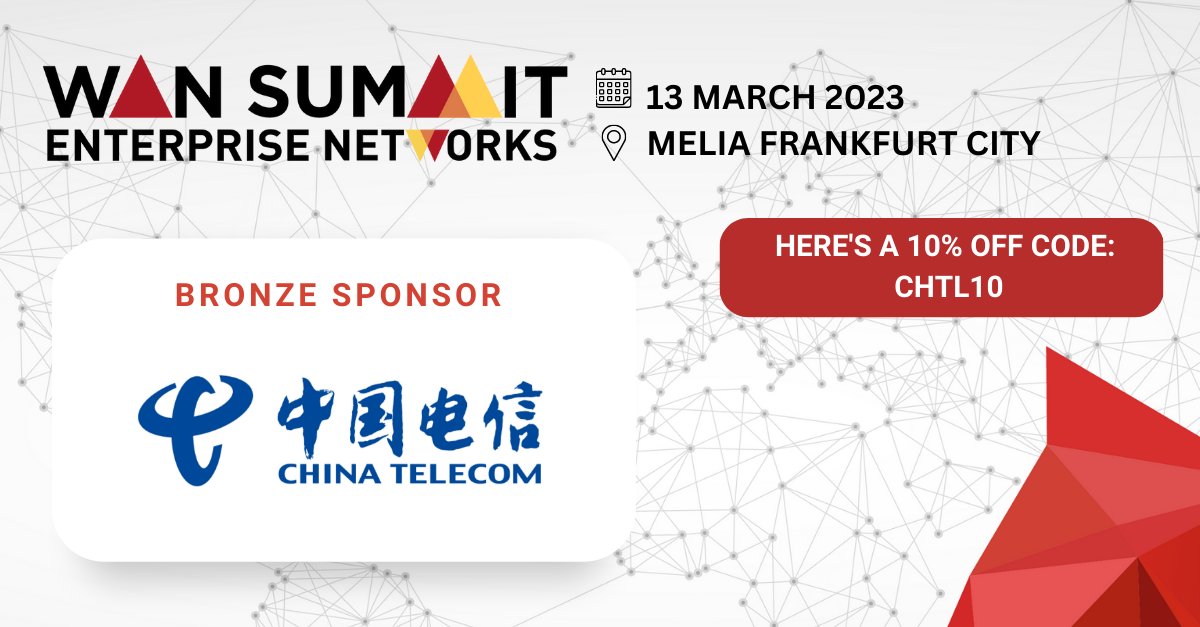 #ChinaTelecomEurope is sponsoring #WANSummit in #Frankfurt where industry peers will discuss the future of #SD-WAN, #connectivity, #SASE, compliance and many more!

Contact us as CTE's guest at info.europe@chinatelecomglobal.com

CTE SD-WAN solutions hubs.li/Q01C_Ct_0
