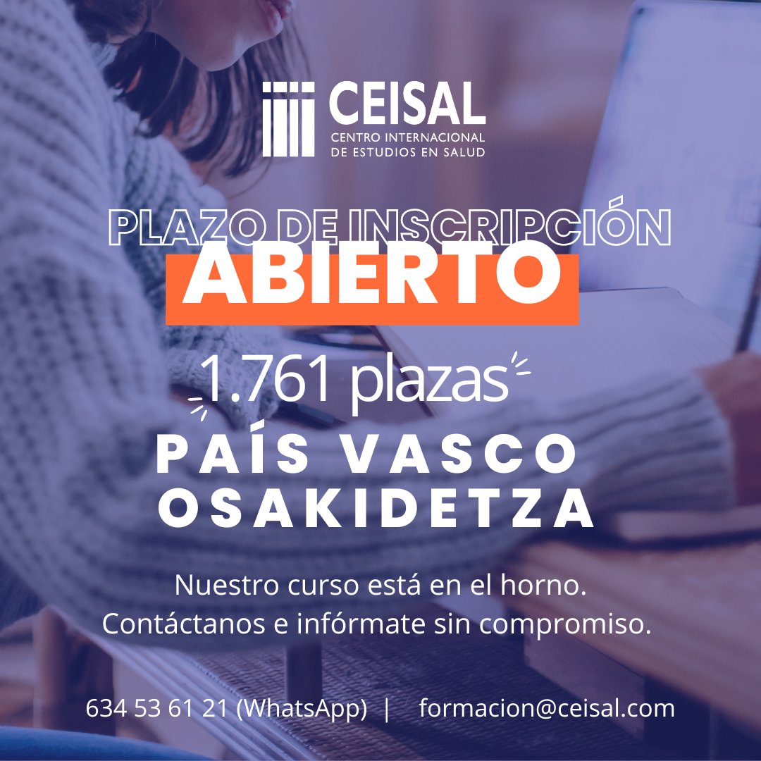 CEISAL (@_ceisal) on Twitter photo 📢 ❗ Inscripciones abiertas para convocatoria de 1.761 plazas de enfermería en País Vasco - #Osakidetza.
Desde Ceisal queremos ayudarte a conseguir tu plaza, pregunta sin compromiso por nuestro nuevo curso.
634 53 61 21 (WhatsApp)
formacion@ceisal.com
#oposiciones #enfermería 📢 ❗ Inscripciones abiertas para convocatoria de 1.761 plazas de enfermería en País Vasco - #Osakidetza.
Desde Ceisal queremos ayudarte a conseguir tu plaza, pregunta sin compromiso por nuestro nuevo curso.
634 53 61 21 (WhatsApp)
formacion@ceisal.com
#oposiciones #enfermería