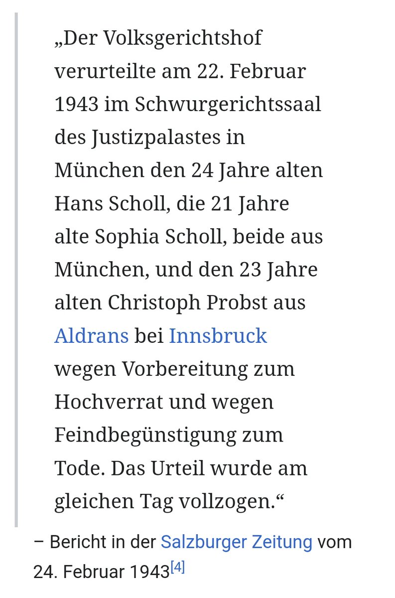 Heute vor 80 Jahren wurden mit Hans & Sophie Scholl und Christoph Probst die ersten Mitglieder der #WeissenRose nach einem widerlichen Schauprozess hingerichtet.

Kein einziger #Querdenker kann diesen tapferen Menschen jemals das Wasser reichen.

#KeinVergessen
#FCKNZS

🥀