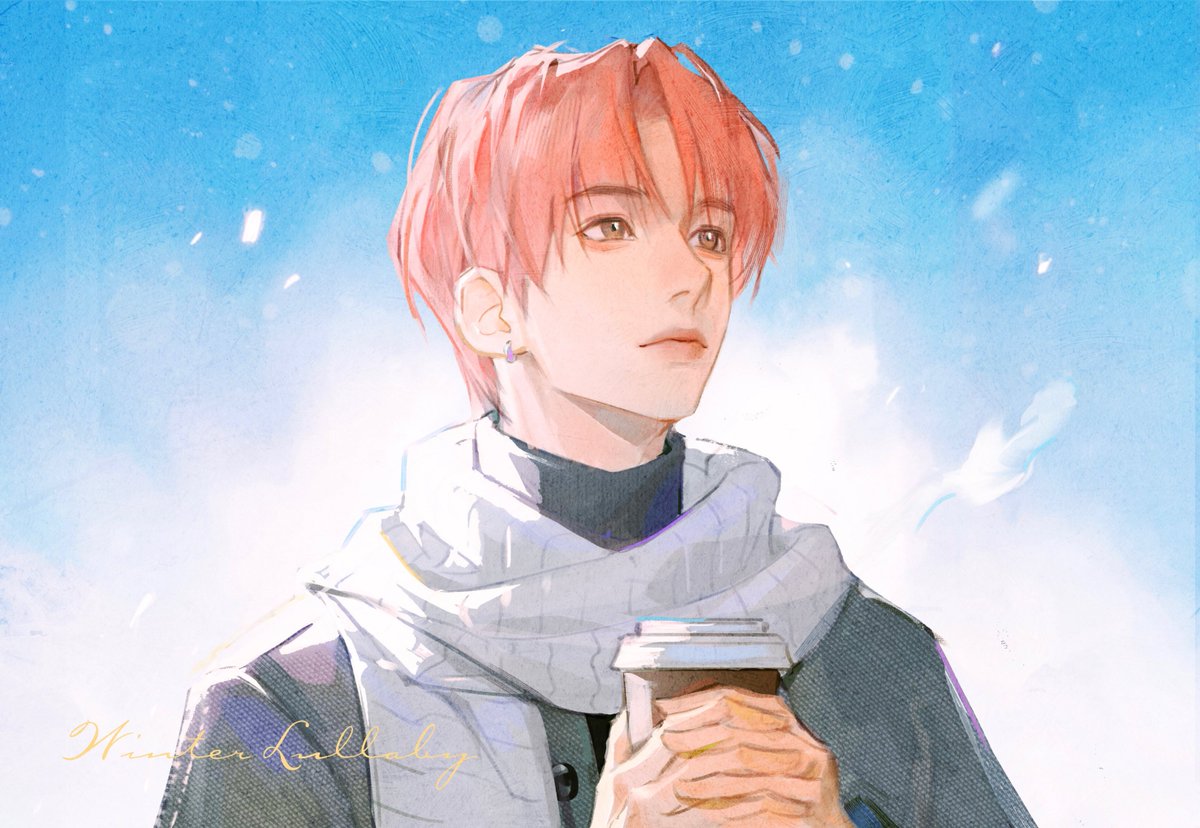 solo male focus 1boy cup holding scarf holding cup  illustration images
