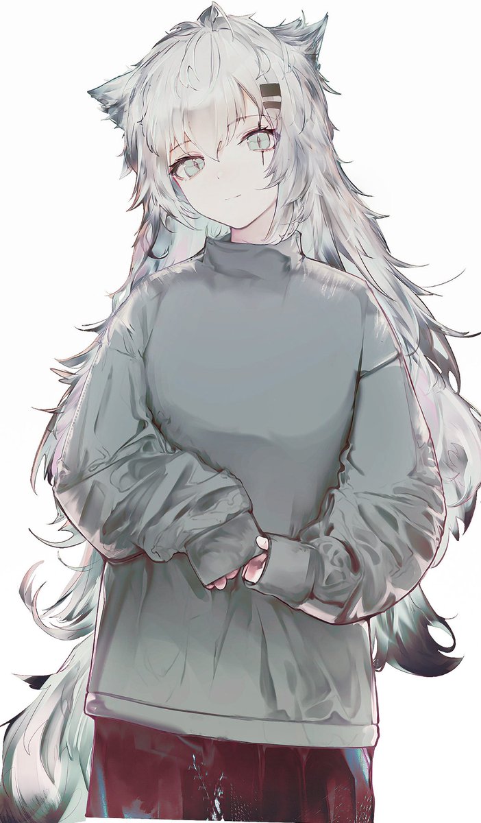 lappland (arknights) 1girl solo animal ears long hair wolf ears white background grey sweater  illustration images