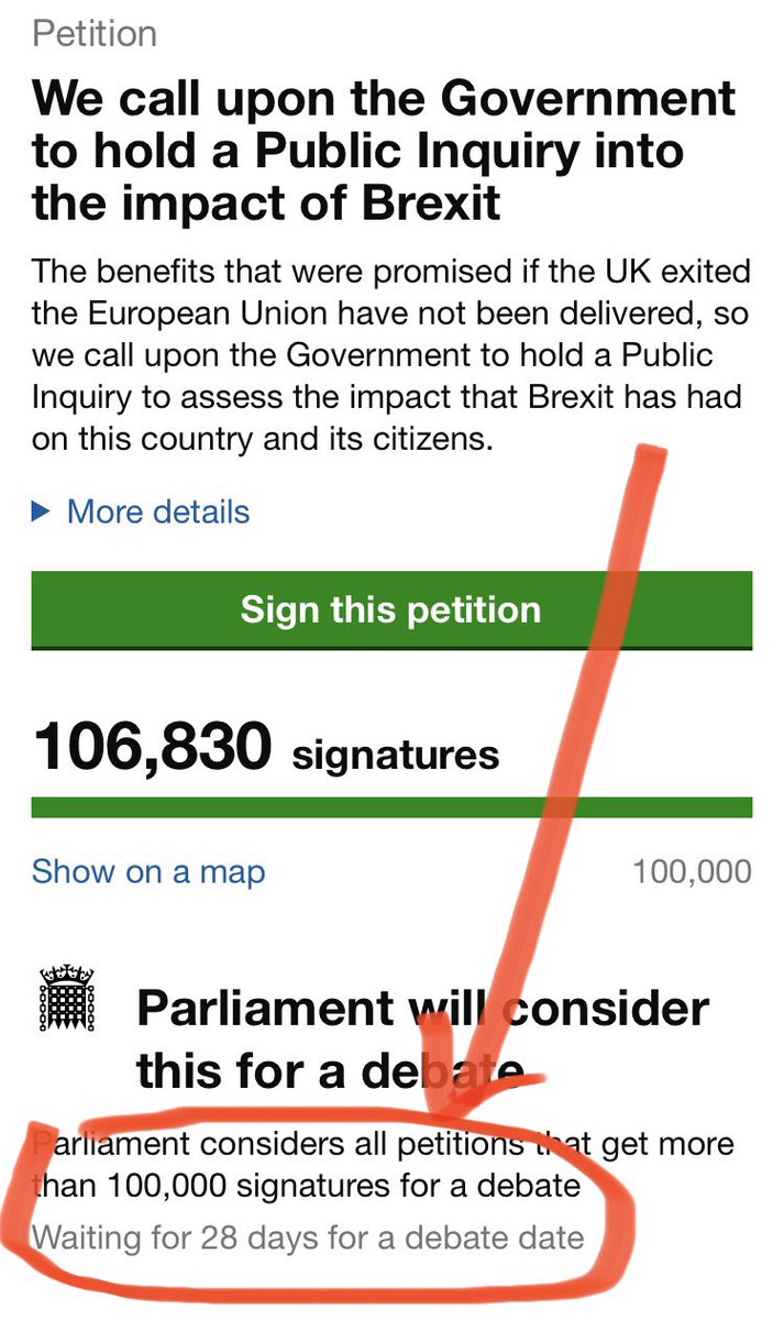 This is appalling…

The petition for an inquiry into the impact of Brexit passed the 100,000 mark - warranting a parliamentary debate.

It’s now a month later and the Govt are still refusing to allocate a date.

👇