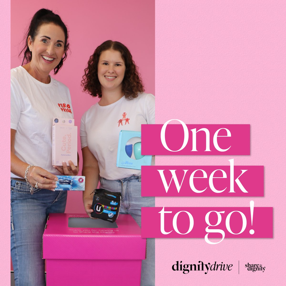 The countdown is on! One week until our collection boxes will be in <a href="/woolworths_au/">Woolworths Australia</a>  supermarkets for our Dignity Drive! You can donate pads, tampons, incontinence aids, menstrual cups, period undies and reusable pads🩸 sharethedignity.org.au/dignity-drives