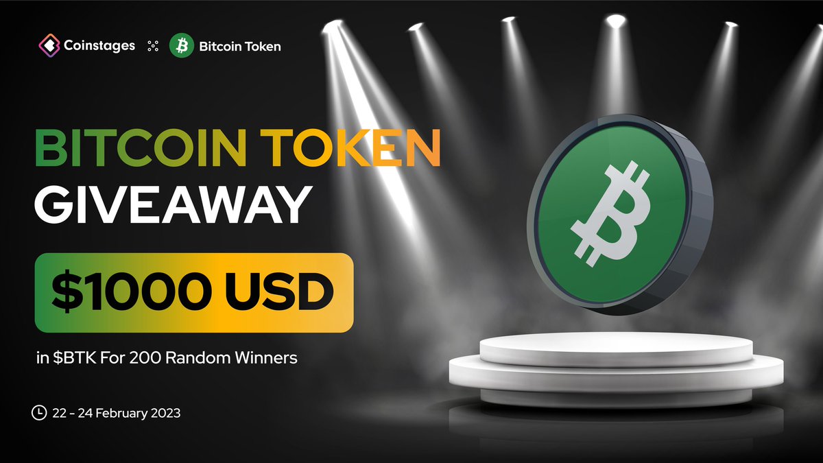 🥳We’re excited to announce our next #Giveaway with @BitcoinTokenBTK 🎁Prize Pool: $1000 USD in $BTK 📃Task ▶️Follow @Coinstages & @BitcoinTokenBTK ▶️Tag 3 Your Friends ✅Complete gleam.io/n7PQv/bitcoin-… ⏰ End 24th February #Giveaway #BitcoinToken #Crypto #Coinstages