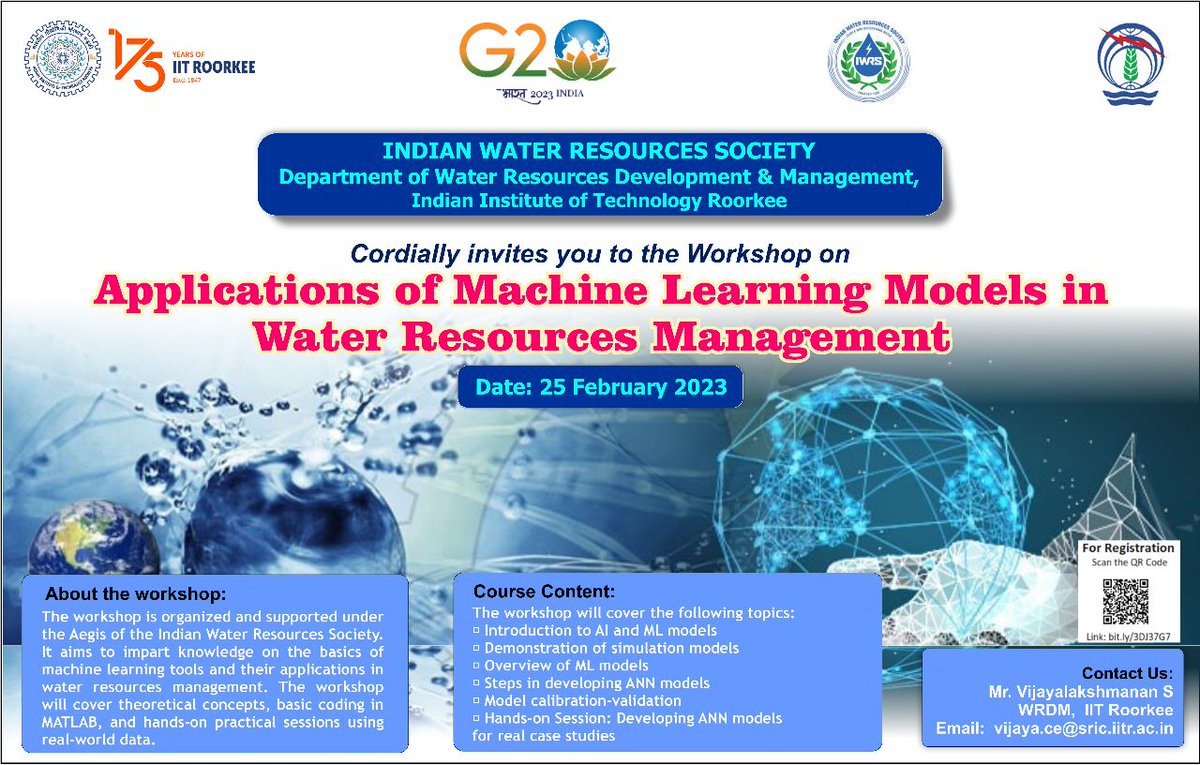 Dept. of WRDM, IIT Roorkee and Indian Water Resources Society (IWRS) is organizing a one day workshop on Application of ML models in Water Resources Management. For more details, kindly contact Mr. Vijay. <a href="/iitroorkee/">IIT Roorkee</a> <a href="/iwrsociety/">IWRS</a>