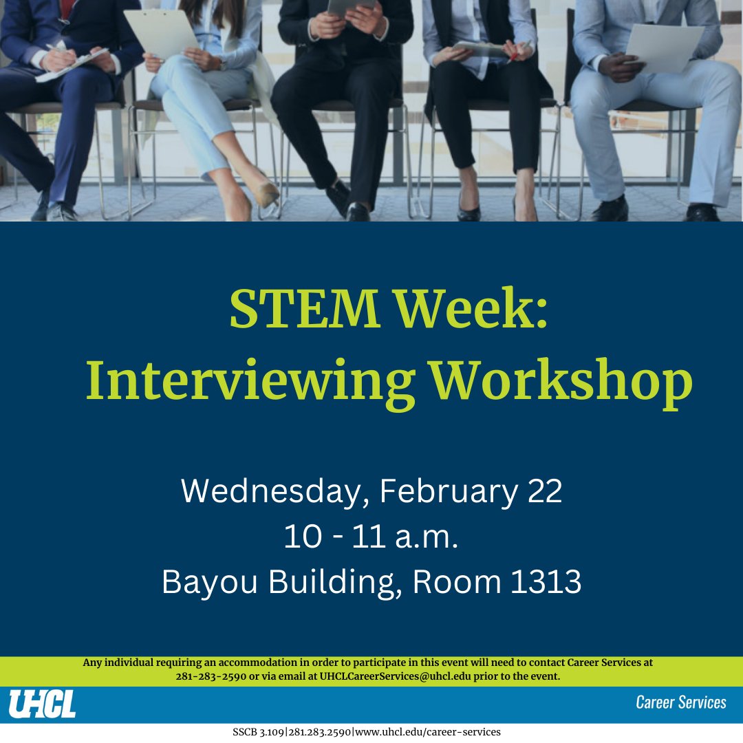 Hey STEM majors, don't miss our interviewing workshop as part of STEM Week! This event will be led by a Career Counselor who will help you interview successfully! 💼👔 Light snacks and refreshments will be provided.
.
.
.
#STEM #STEMMajor #Workshop #Interview #Careers