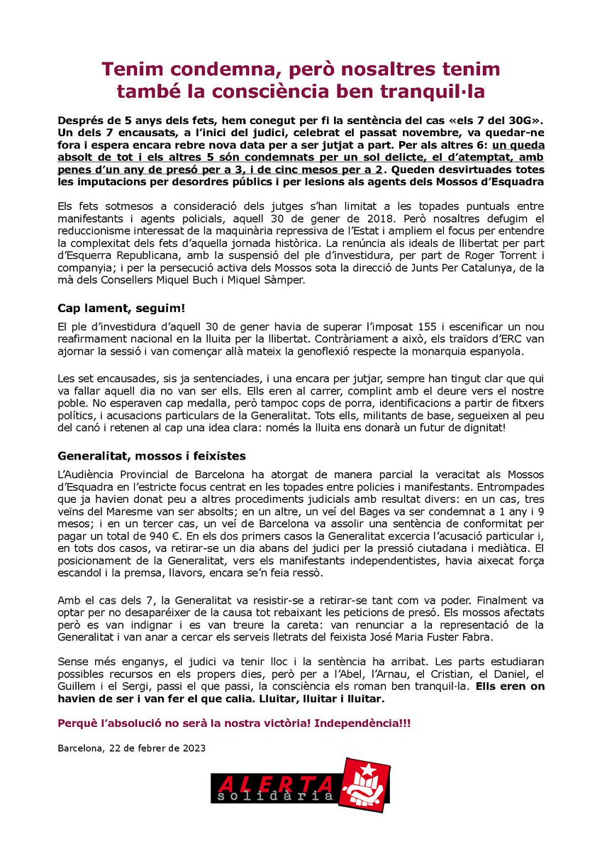 L'Estat espanyol junt a <a href="/govern/">Govern de Catalunya</a> tornen a demostrar que en aquest règim, manifestar-se sí que és un delicte.

Nosaltres ho tenim clar, no acceptarem cap sentència que no sigui l'absolució.

Tot el nostre suport als <a href="/els7del30G/">Els7del30G</a>

#AmnistiaTotal
#TombemLesLleisRepressives