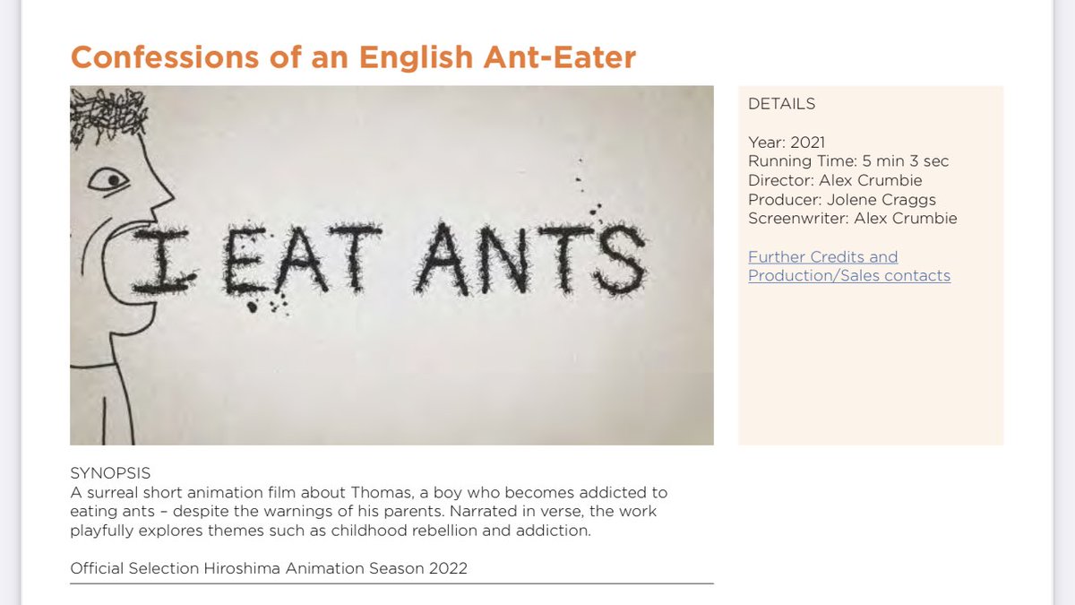 Very happy to be included in the UK SHORTS AND NEW TALENT CATALOGUE 2023. Thanks <a href="/British_Film/">British Council Film</a> 
🐜 
Confessions of an English Ant-Eater was animated by <a href="/adnerwbell/">andrewbell</a> and produced by <a href="/arcusstudios/">Arcus Studios 🔜 Develop Brighton</a> 
🐜 
Funded by <a href="/bbcarts/">BBC Arts</a> and <a href="/ace_national/">Arts Council England</a>
