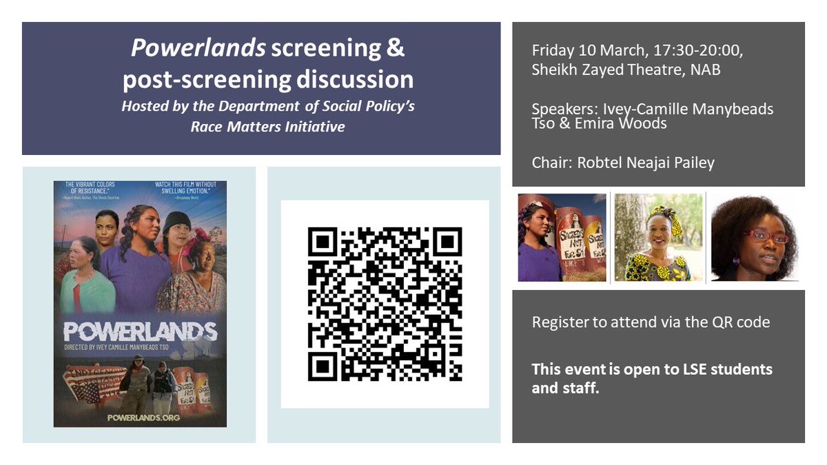 emirawoods's tweet image. Join us! #Navajo #filmmaker Ivey-Camille Manybeads Tso, #Liberian #climate #justice #activist @emirawoods &amp;amp; #academic @Robtelneajai for @LSESocialPolicy’s Race Matters Initiative screening &amp;amp; discussion of award-winning #documentary @lands_power on 10 March! @GLTMembers