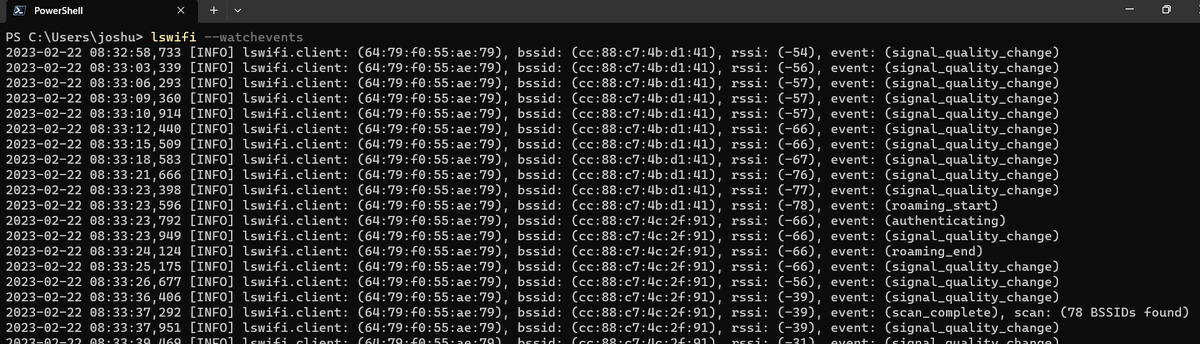💫lswifi 0.1.34 released!💫
Changelog:
- Added RSSI and BSSID to the event watcher (--watchevents) for roaming start / roaming end events. 

Useful for simple roaming analysis to see which BSSID and at what signal strength the Windows device is roaming.🤞

pypi.org/project/lswifi…