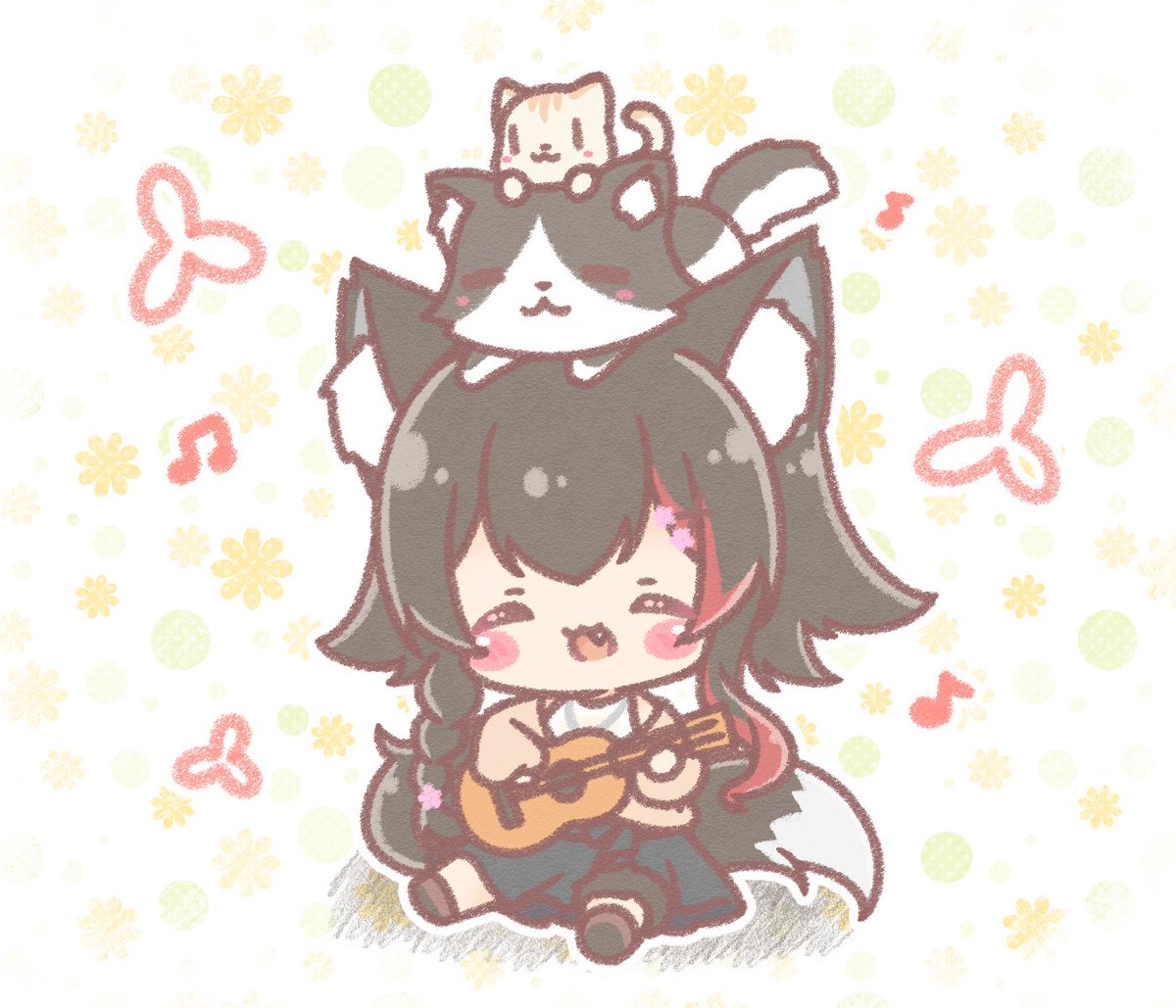 ookami mio 1girl cat black hair wolf ears animal ears instrument on head  illustration images