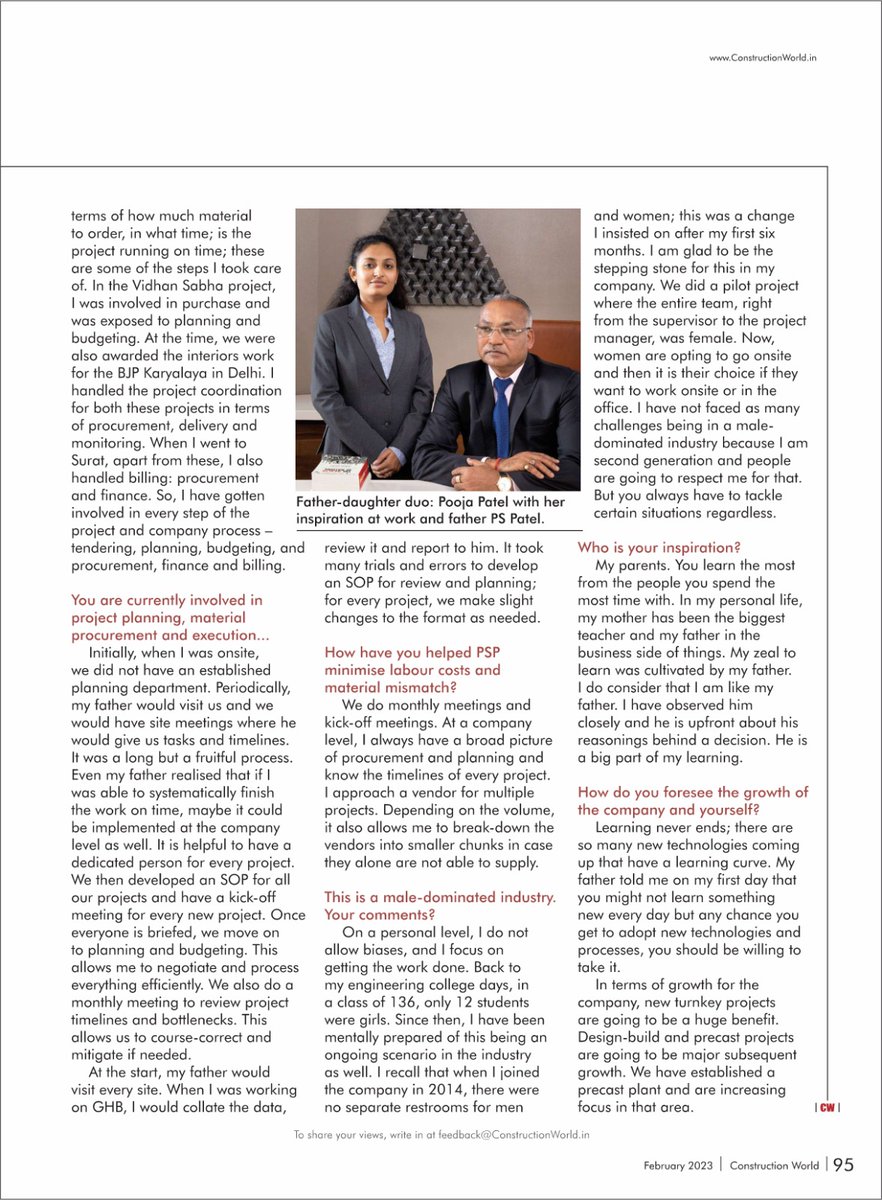 PSPprojectsLtd's tweet photo. Women in construction !
Sincere congratulations to Ms. Pooja Patel, our Executive Director, for getting featured in Construction World Magazine February 2023 edition.
Greetings from the entire PSP Team!
#pspprojects #featuredinmagazine
#constructioncompany https://t.co/TXEn9giNbj