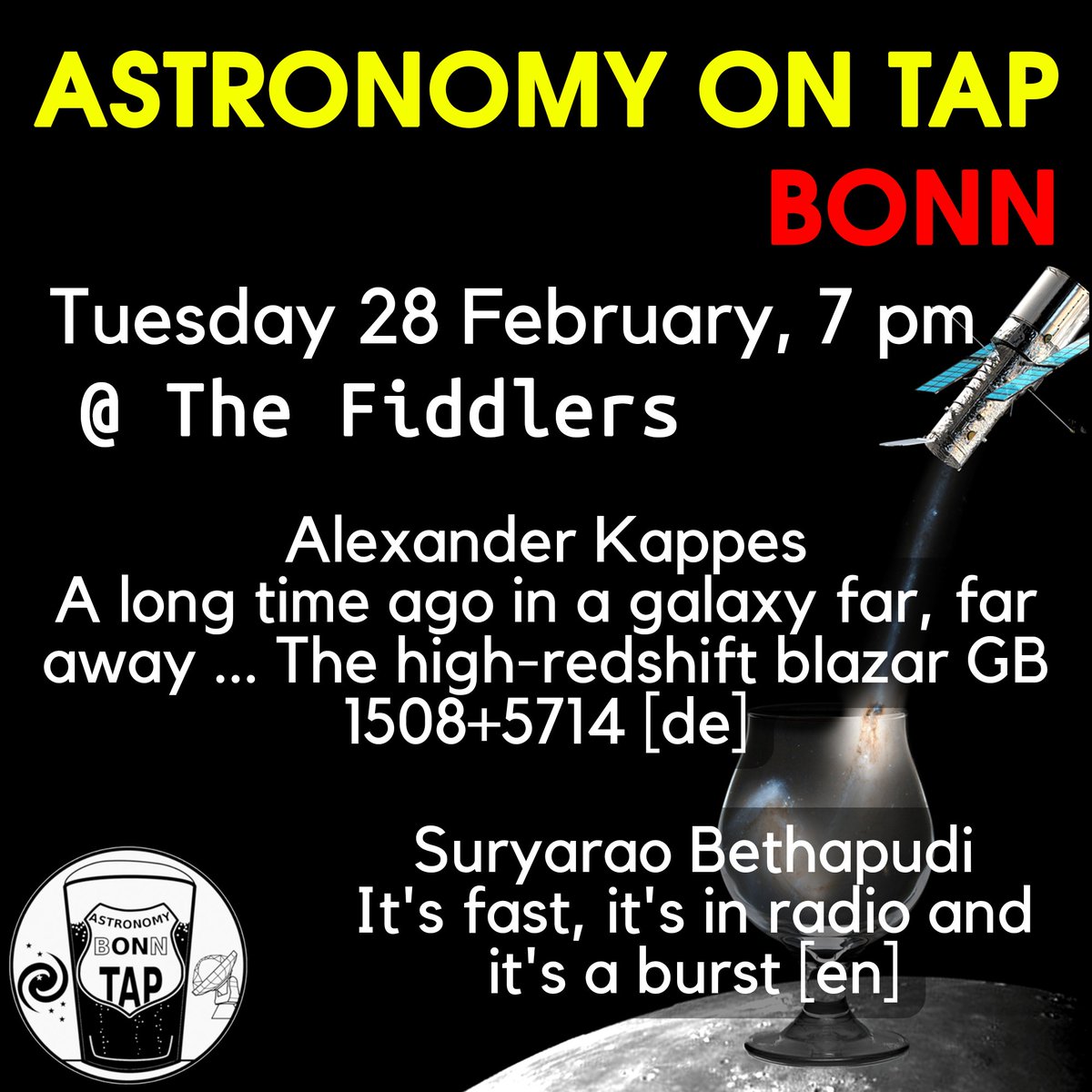 We will see you next week again with two very interesting talks! In addition, we also have our pub quiz and an astro slam. More details coming soon!

Reservations at the pub are recommended!✨✨🌌🌌
