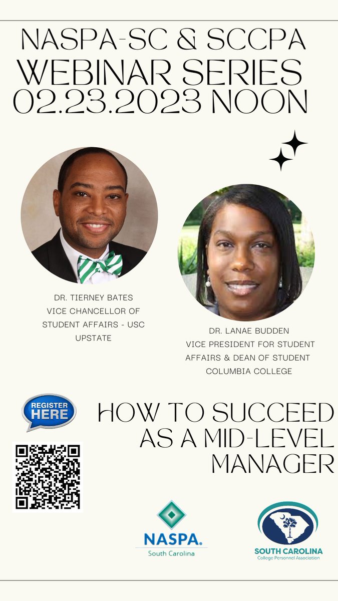 NASPASC's tweet image. Join NASPA South Carolina and @MYSCCPA tomorrow for a discussion on how to succeed as a mid-level manager! Register at: naspa.org/constituent-gr…
#sapro #sagrad