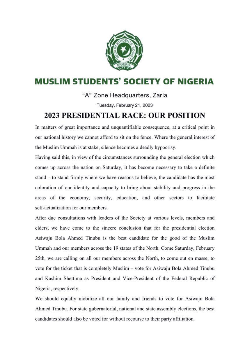 BashirAhmaad's tweet image. The Muslim Students’ Society of Nigeria (MSSN) has just endorsed our candidate, Asiwaju Bola Ahmed Tinubu, ahead of Saturday’s presidential election.