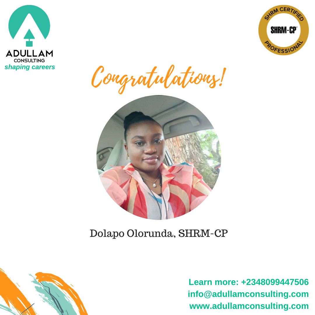 AdullamConsult's tweet photo. Congratulations to Dolapo on getting SHRM-CP certified! Welcome to the distinguished @SHRM community.

We're proud of your achievement and looking forward to celebrating more success in your career. https://t.co/ZwFPJntAXB
