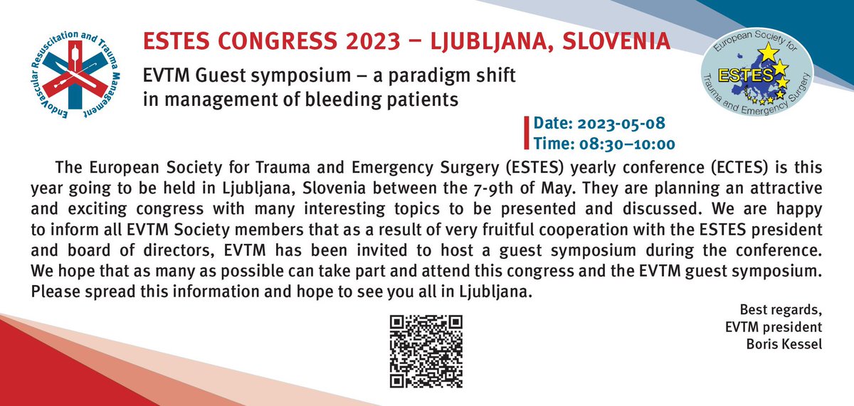 EndoVascular resuscitation and Trauma Management (@evtmsociety) on Twitter photo Don’t miss the #EVTM guest symposium at this years #ESTES meeting in Ljubljana, Slovenia (May 7-9). This will be another great session discussing and debating all aspects of endovascular resuscitation and bleeding control! <a href="/estesonline/">European Society for Trauma & Emergency Surgery</a> Don’t miss the #EVTM guest symposium at this years #ESTES meeting in Ljubljana, Slovenia (May 7-9). This will be another great session discussing and debating all aspects of endovascular resuscitation and bleeding control! <a href="/estesonline/">European Society for Trauma & Emergency Surgery</a>