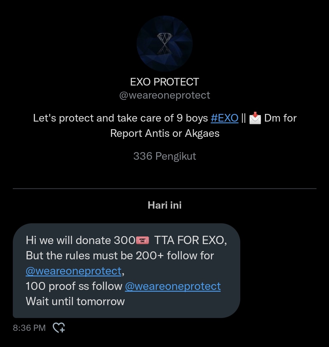 bucinexo_100's tweet image. ‼️‼️PLEASE LIKE + RT‼️‼️

300🎟️  TTA FOR EXO

Rules:
- Must be 200+ follow for @weareoneprotect
- Drop 100 proof ss follow @weareoneprotect 

Fighting erii🔥🔥🔥
Wait until tomorrow