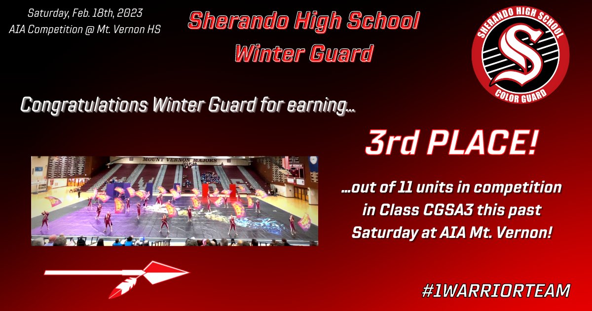 Great Job to our Band Department members
- Jazz Combo, Jazz Ensemble, Concert Band, and Symphonic Band during their Pre-Assessment Concert Thursday, Feb. 16th
- Winter Guard placing 3rd @ AIA Mt. Vernon
- Indoor Percussion placing 4th @ AIA Mt. Vernon (1st in Visual Effect)