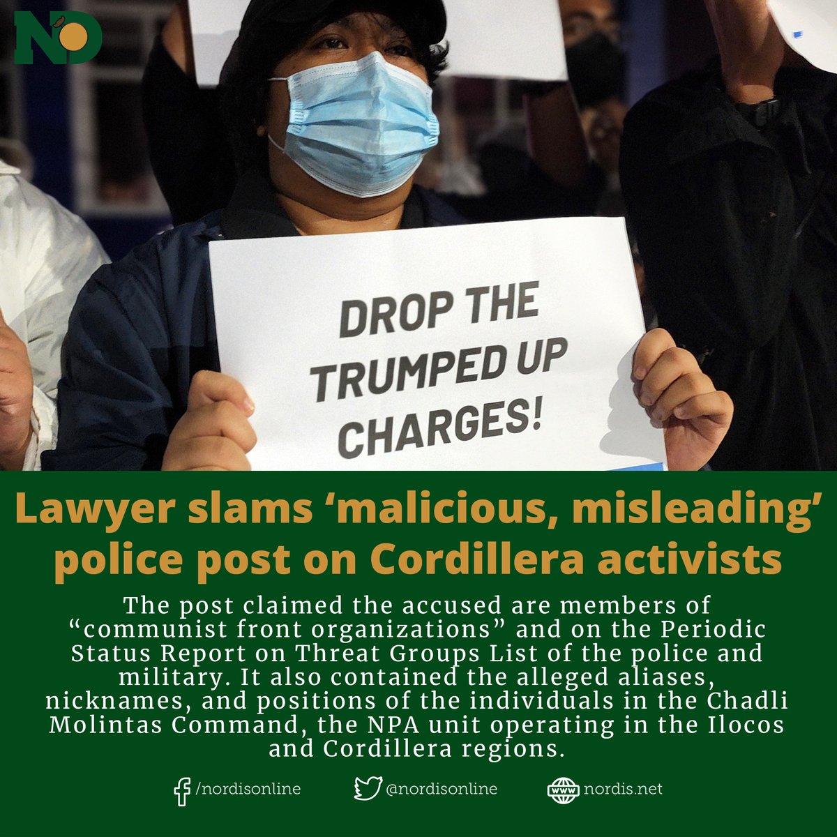 NEWS | Human rights lawyer Jose Molintas slammed the Police Community Affairs and Development Group Cordillera on Feb. 21, for their “malicious and misleading” Facebook post that labeled six activists as “communist terrorist group surrenderees.” Read: tinyurl.com/52jkhyjj
