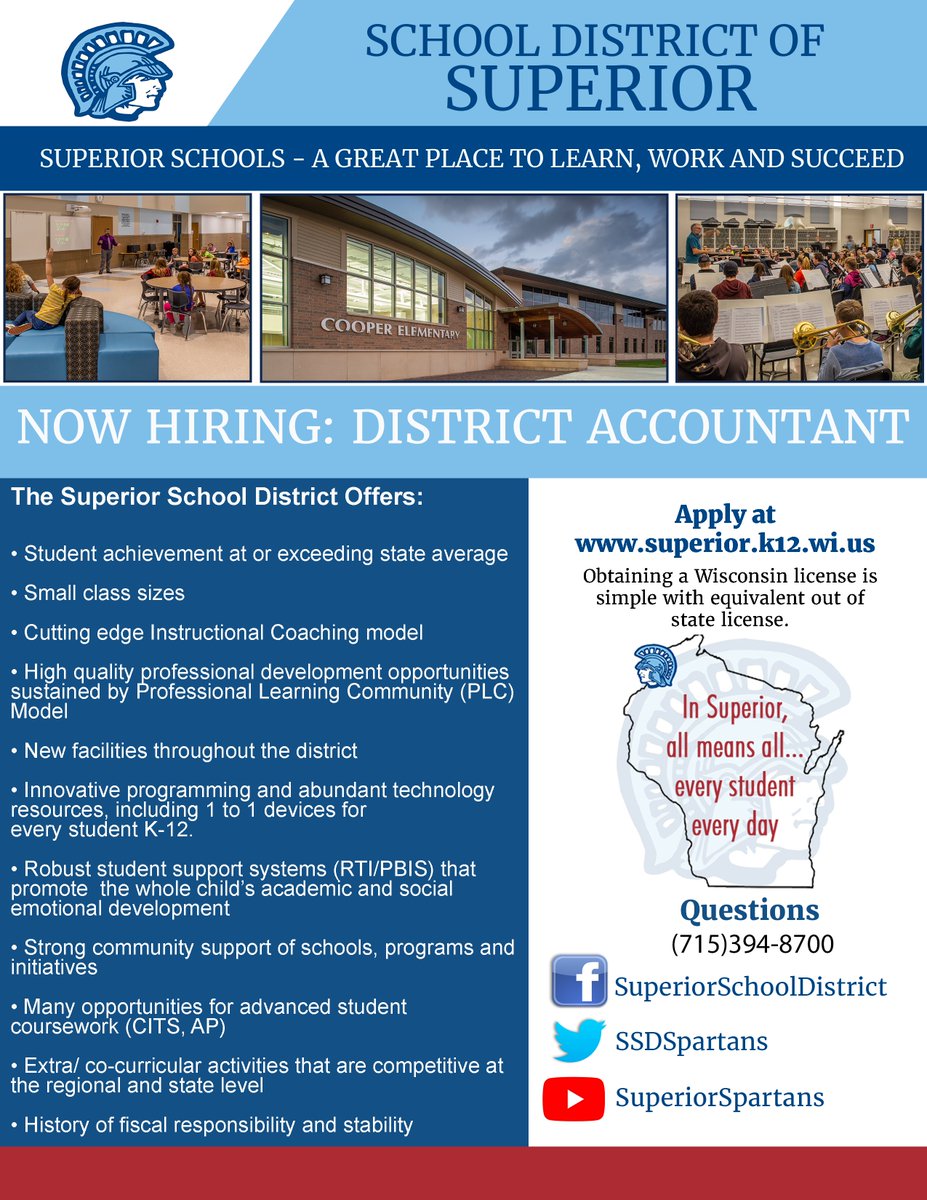 The School District of Superior is now hiring a District Accountant. Find position details and apply on WECAN: wecan.waspa.org/Vacancy/166289 . #spartanPRIDE #superiorspartans #superiorwi