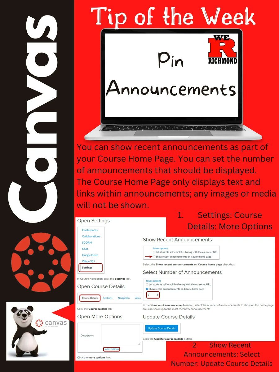 RCSLearn's tweet photo. @RCSLearn Canvas Tip of the Week: Pin important announcements to your course homepage! Settings: Course Details: More Options: Show Recent Announcements: Select Number: Update Course Details! #RCSLearn #INCUE @Canvas_by_Inst https://t.co/bKTdXrvkuX