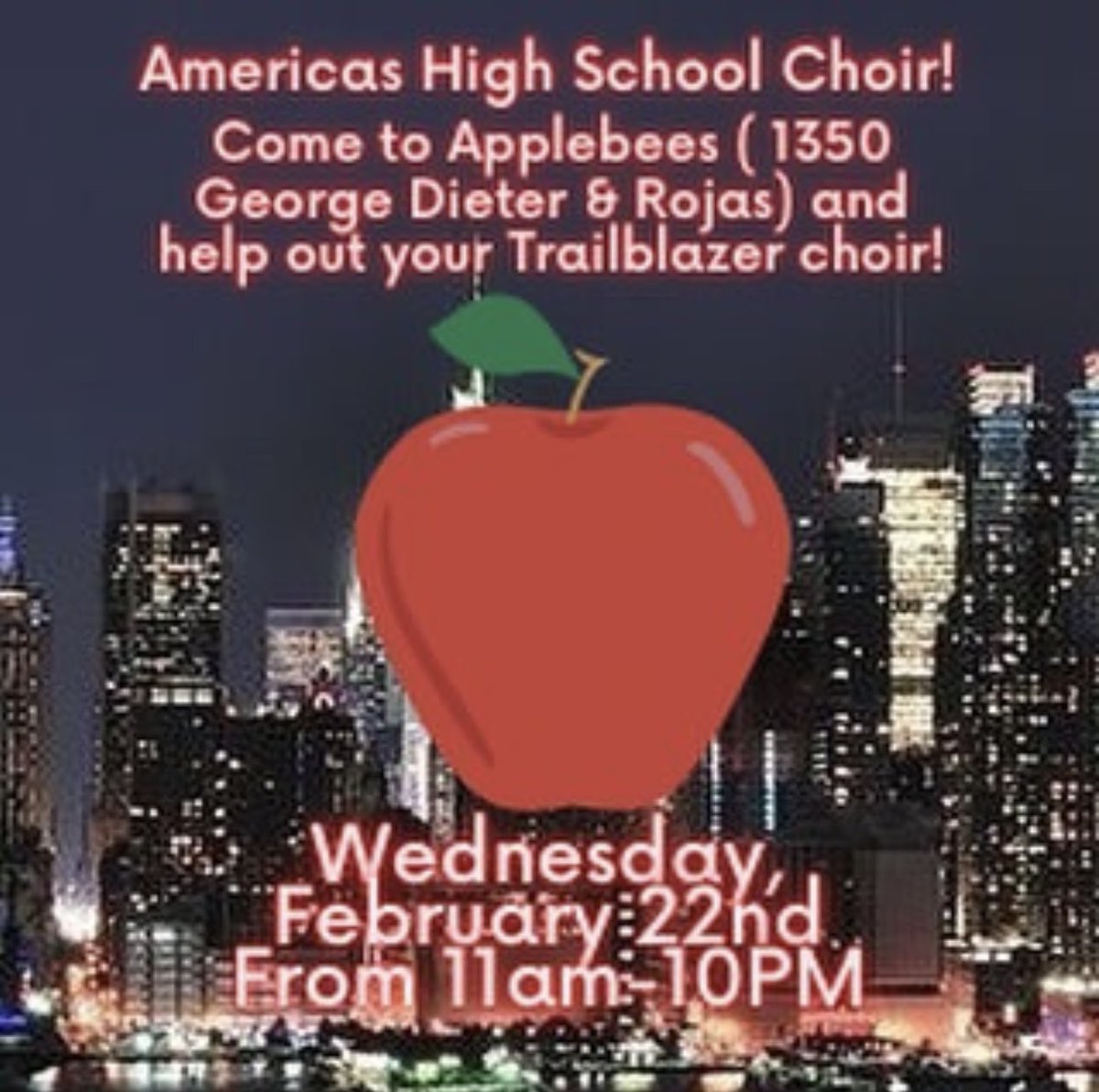 One final restaurant fundraiser to help Americas HS Choir go to New York! Today all day! 😊 <a href="/Americas_HS/">Nancy Torres</a> <a href="/lvarela_AHS/">Lorraine Varela</a> <a href="/SISD_FineArts/">SISD Fine Arts</a> <a href="/SocorroISD/">Socorro ISD</a>