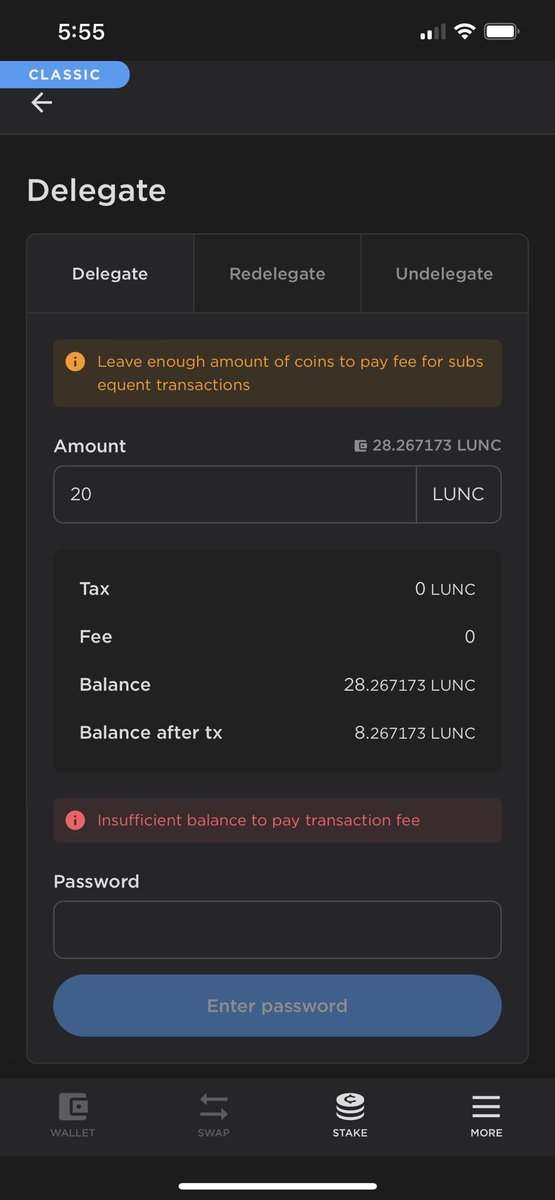 Drakeheintzz's tweet photo. @Jared_TFL @ciccioKuji @stablechen @StationWallet This is what is shows for withdraw rewards, delegate, undelegate, redelegate. Only function I can do on both mobile app and extension is swap coins. Been like this for weeks. But can’t swap coins if I can’t withdraw rewards. https://t.co/rJnYxpNjsp