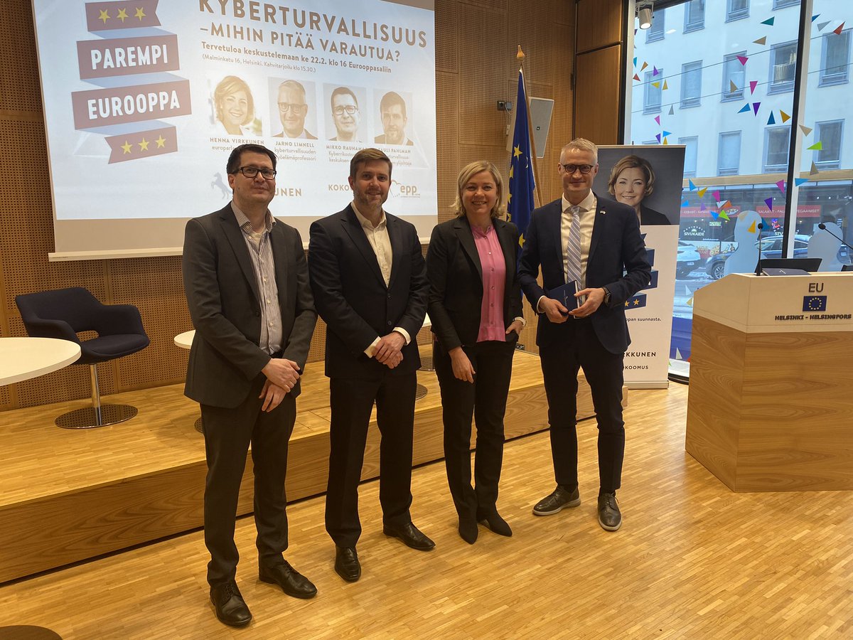 Henna Virkkunen (@hennavirkkunen) on Twitter photo Kyberturvallisuuskeskustelu alkaa Eurooppasalissa. 🇪🇺 Mukana <a href="/JarnoLim/">Jarno Limnell</a> <a href="/Kyberpaallikko/">Mikko Rauhamaa</a> ja <a href="/PahlmanSauli/">Sauli Pahlman</a>. Tervetuloa mukaan seuraamaan striimiä: facebook.com/virkkunenhenna 💻 1/x
#ParempiEurooppa #kyberturvallisuus Kyberturvallisuuskeskustelu alkaa Eurooppasalissa. 🇪🇺 Mukana <a href="/JarnoLim/">Jarno Limnell</a> <a href="/Kyberpaallikko/">Mikko Rauhamaa</a> ja <a href="/PahlmanSauli/">Sauli Pahlman</a>. Tervetuloa mukaan seuraamaan striimiä: facebook.com/virkkunenhenna 💻 1/x
#ParempiEurooppa #kyberturvallisuus