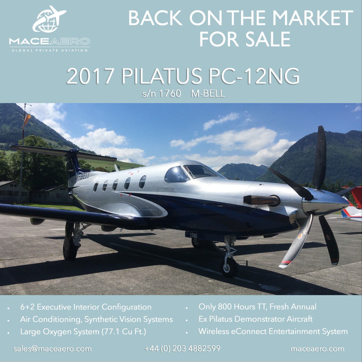 MaceAero's tweet photo. This beautiful Pilatus PC-12NG is back on the market.

Contact our CEO Chris Mace on +44(0)7872126430 or cm@maceaero.com for more information and full specifications

#aircraftforsale #pilatuspc12 #privatejet #privatejetsales #maceaero https://t.co/SuyxxLITsd