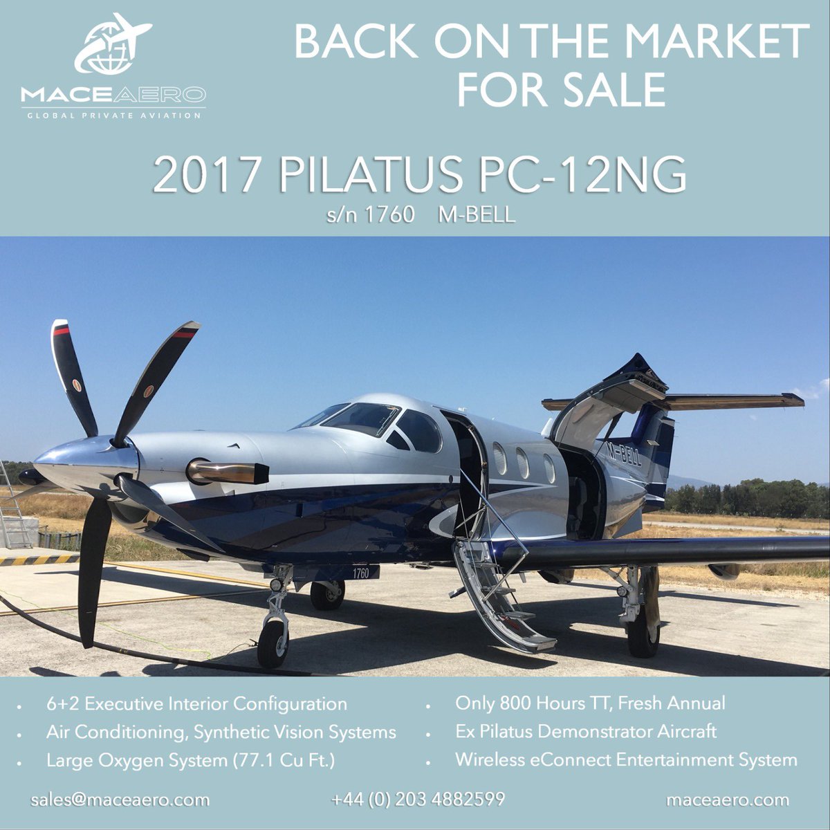 MaceAero's tweet photo. This beautiful Pilatus PC-12NG is back on the market.

Contact our CEO Chris Mace on +44(0)7872126430 or cm@maceaero.com for more information and full specifications

#aircraftforsale #pilatuspc12 #privatejet #privatejetsales #maceaero https://t.co/SuyxxLITsd