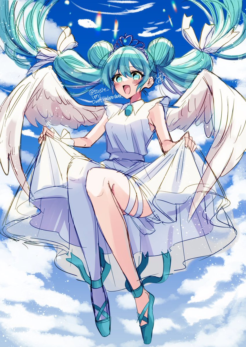 hatsune miku 1girl solo wings double bun dress hair bun long hair  illustration images