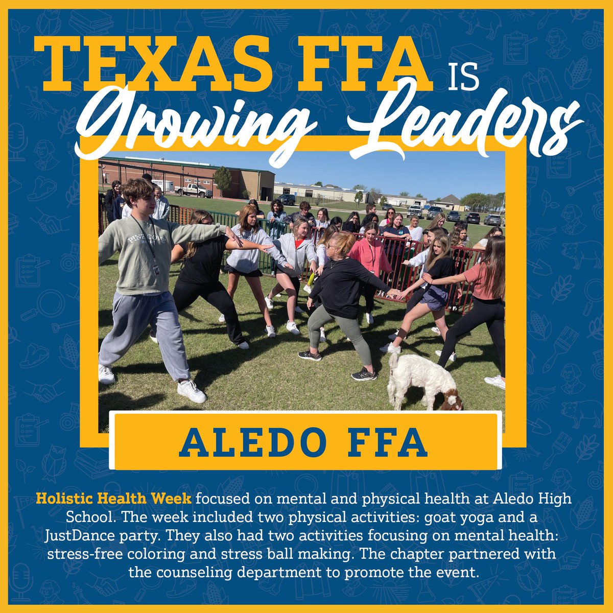 TexasFFA's tweet photo. GROWING LEADERS | Aledo FFA's Holistic Health Week focused on mental and physical health at Aledo High School. 

#TexasFFA #MyTexasFFA #FFA #FFAWeek #Ag #StudentLeaderss https://t.co/HhhRv9D2fX