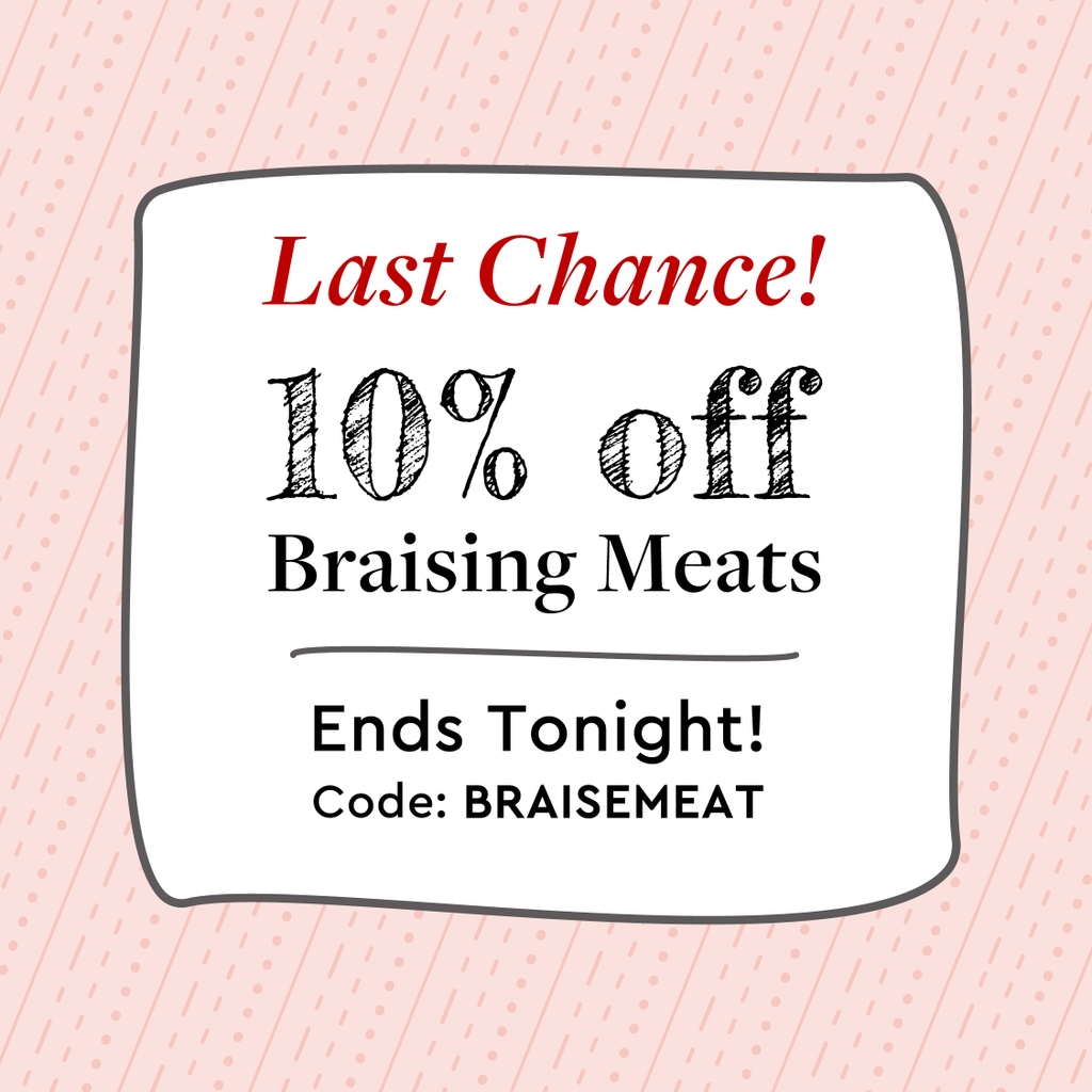 Last chance to save 10% on ALL #braising meats! Get all your short ribs, shoulders, shanks, &amp; more before the #sale ends tonight.
 
Use Code BRAISEMEAT at checkout. 

#Shop now: bit.ly/3Ivko8O