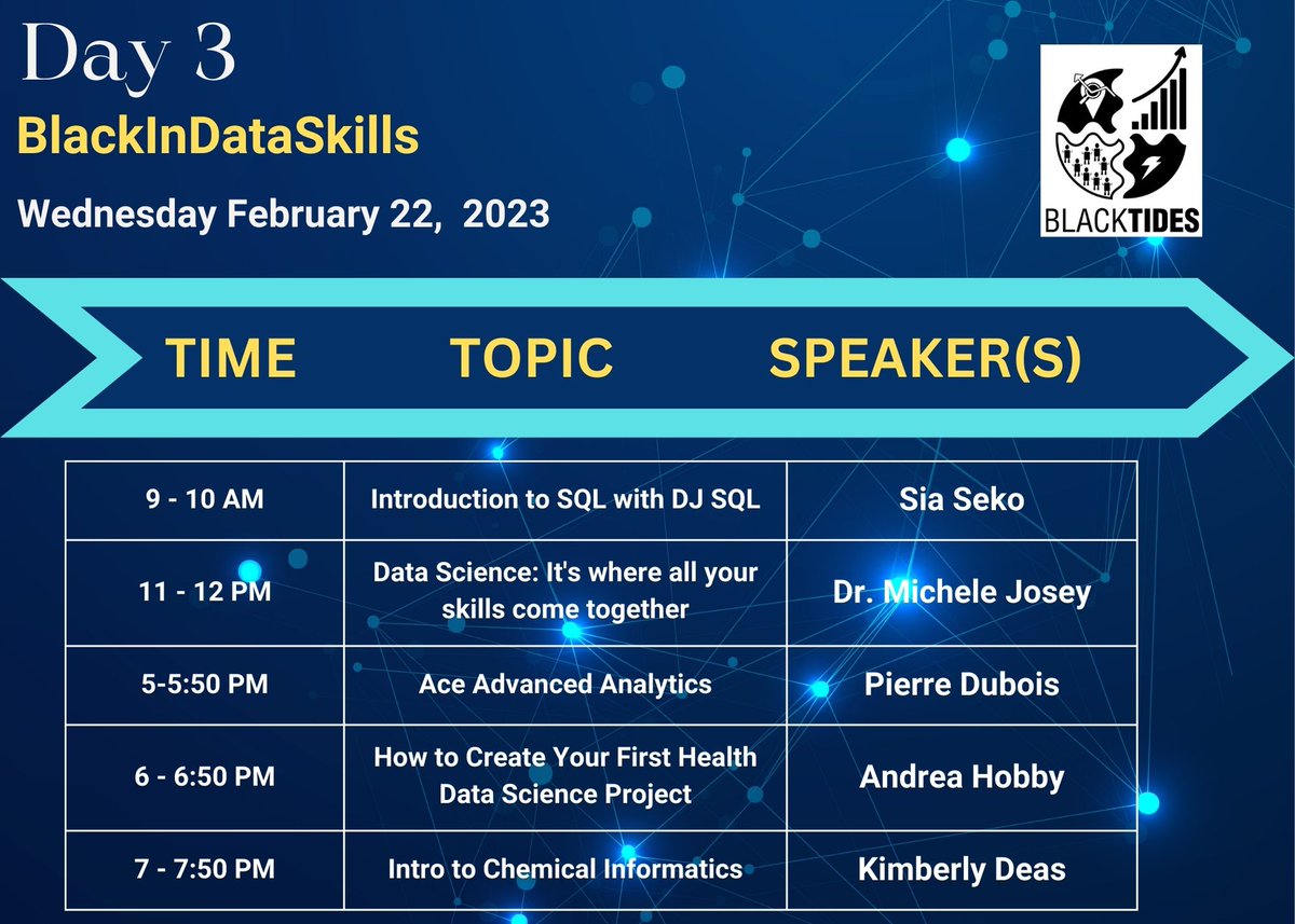 It's Day 3 of #BIDWeek2023, and we've got 5 AMAZING talks by Data industry experts scheduled for today!

Register now to attend! #BlkTIDES #BlkNData
eventbrite.com/e/black-in-dat…